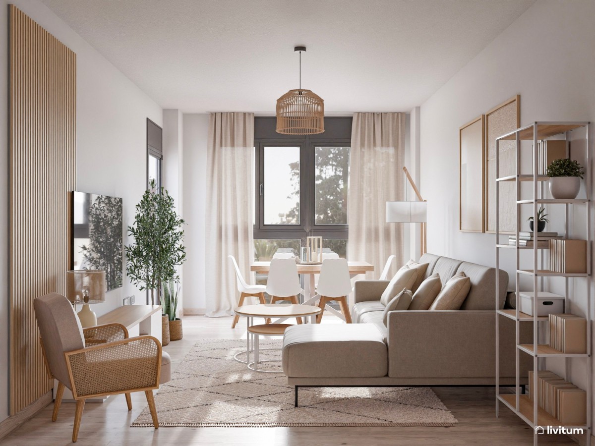 sal&oacute;n comedor con sof&aacute; en L y mesa de comedor rectangular