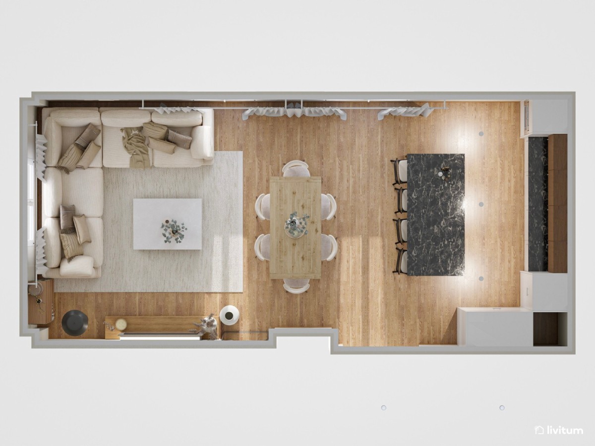 plano de sal&oacute;n comedor con cocina integrada