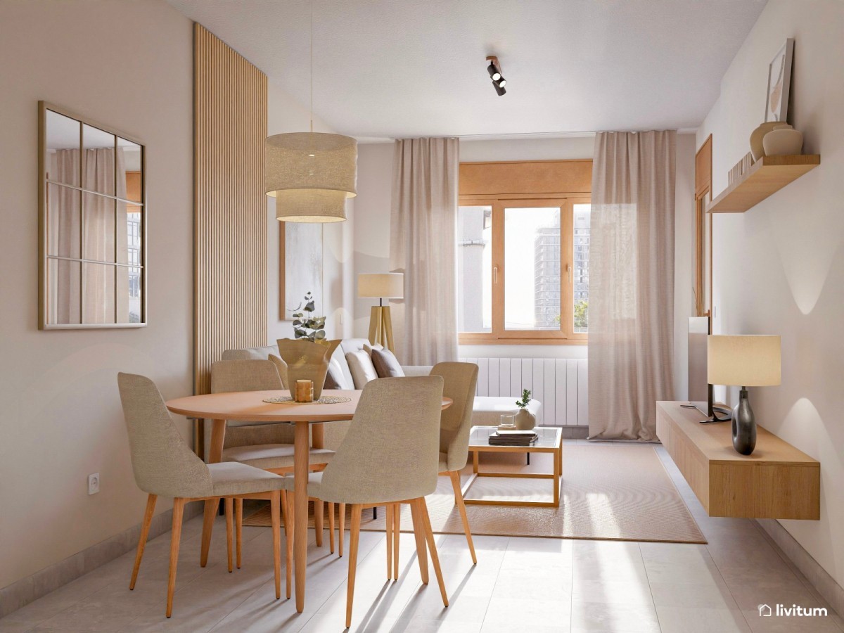 salón comedor estrecho en tonos madera, mesa de comedor circular y sofá en L