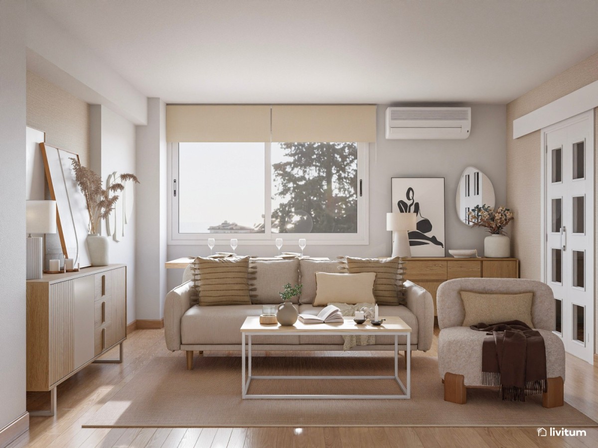 sal&oacute;n en tonos tierra, sof&aacute; y sill&oacute;n con mesa de centro de madera