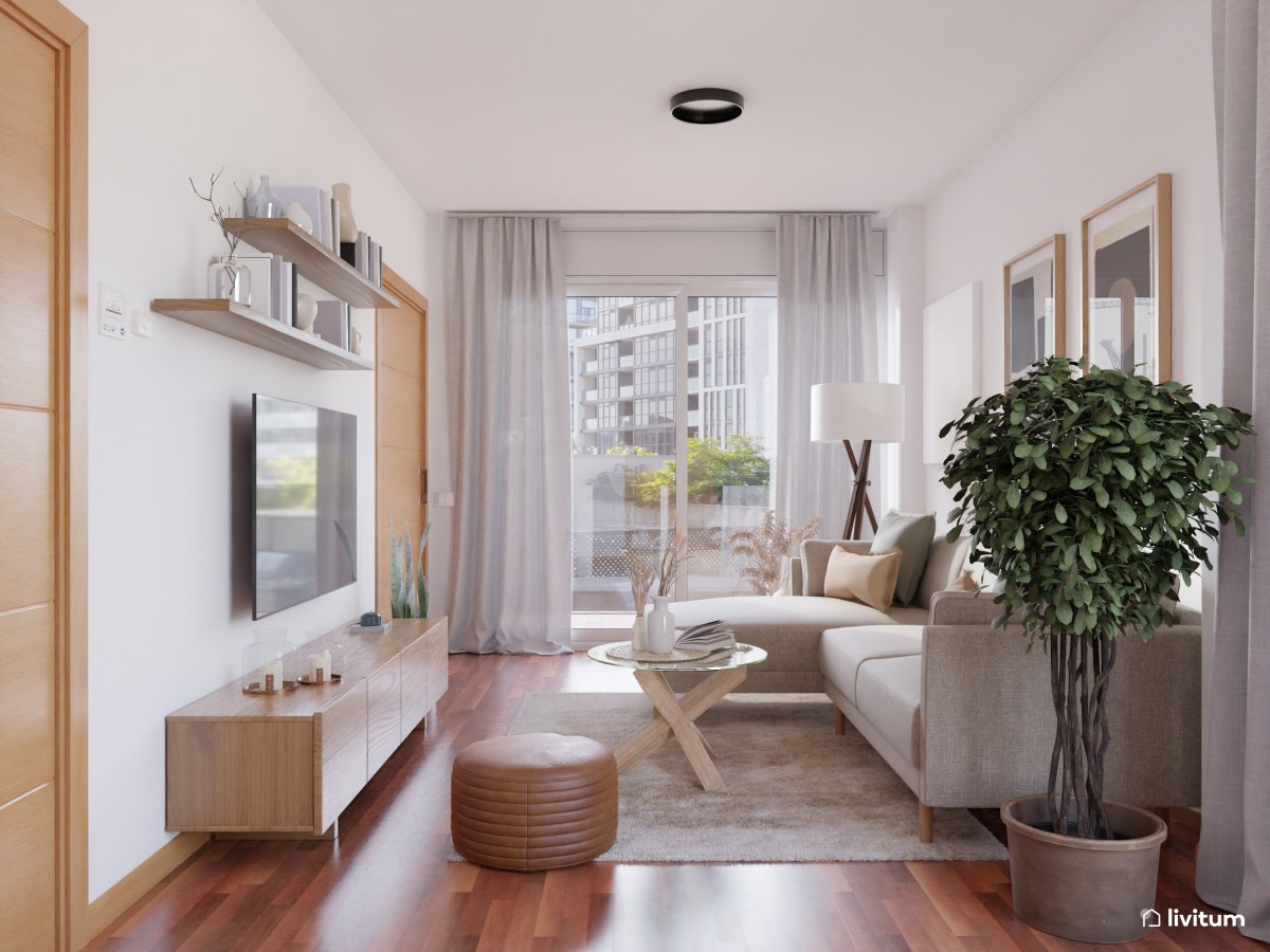 Sal&oacute;n estrecho en tonos claros, sof&aacute; en forma de 
