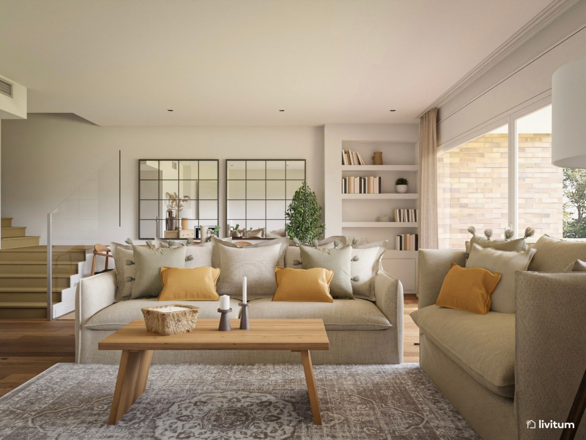 sal&oacute;n en tonos neutros, sof&aacute; en L y mesa de centro de madera