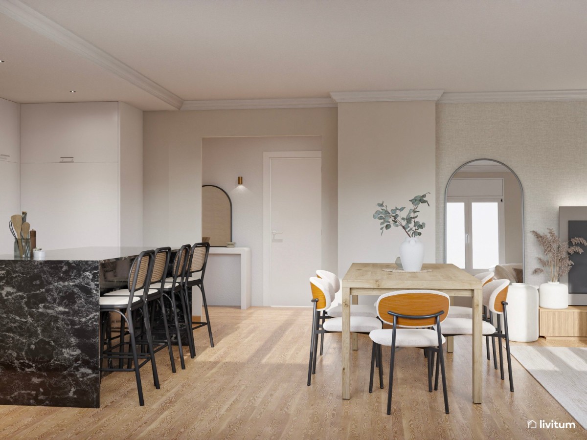 sal&oacute;n con cocina integrada, mesa de comedor de madera y cocina de m&aacute;rmol negro