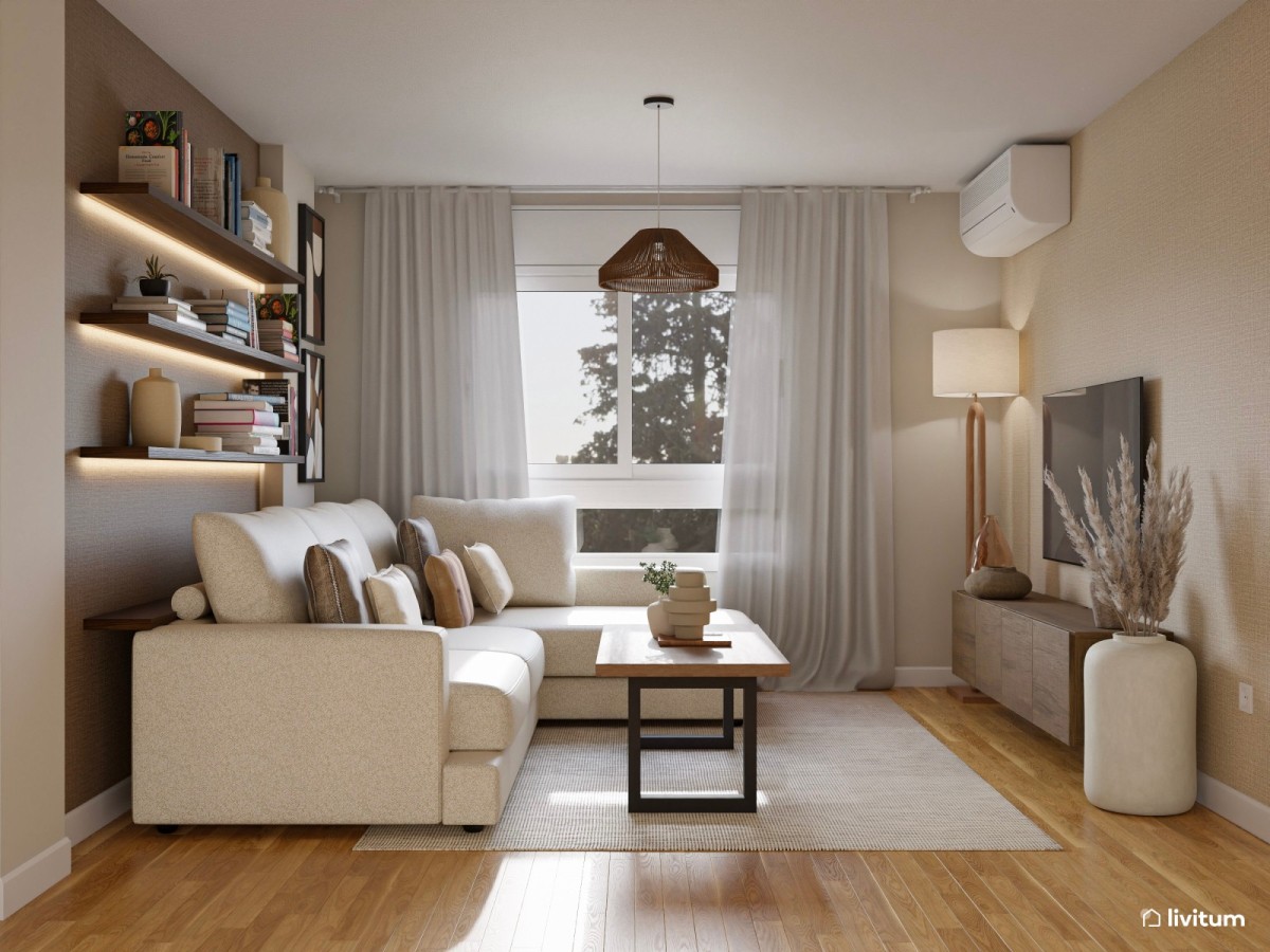 sal&oacute;n con punto focal en marr&oacute;n oscuro, sof&aacute; en L y mesa de centro