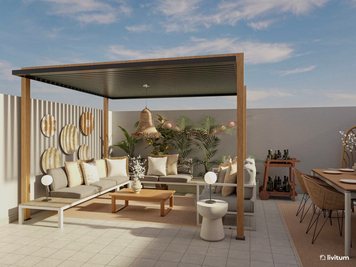 terraza en tonos madera, sof&aacute;s y luces decorativas