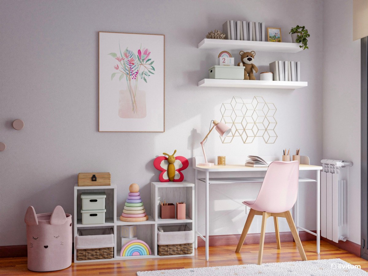 zona de estudio con mesa y silla, baldas y mueble de almacenamiento