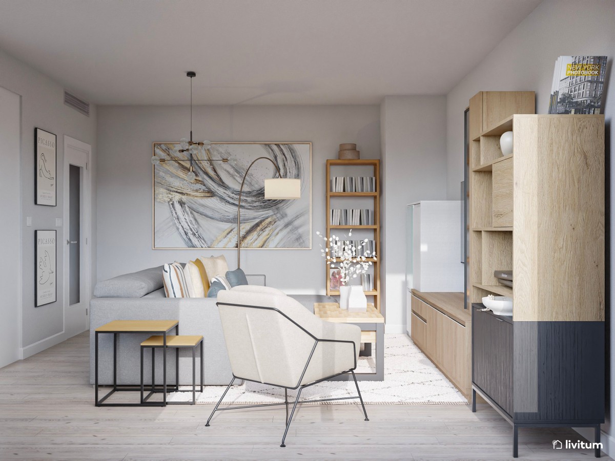 sal&oacute;n en tonos grises con sof&aacute; y sill&oacute;n al lateral