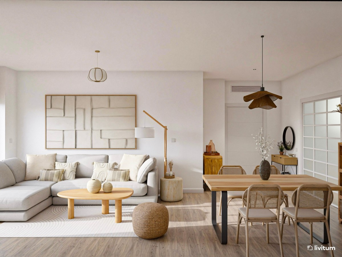 sal&oacute;n comedor en tonos neutros. sof&aacute; en L y mesa de comedor de madera