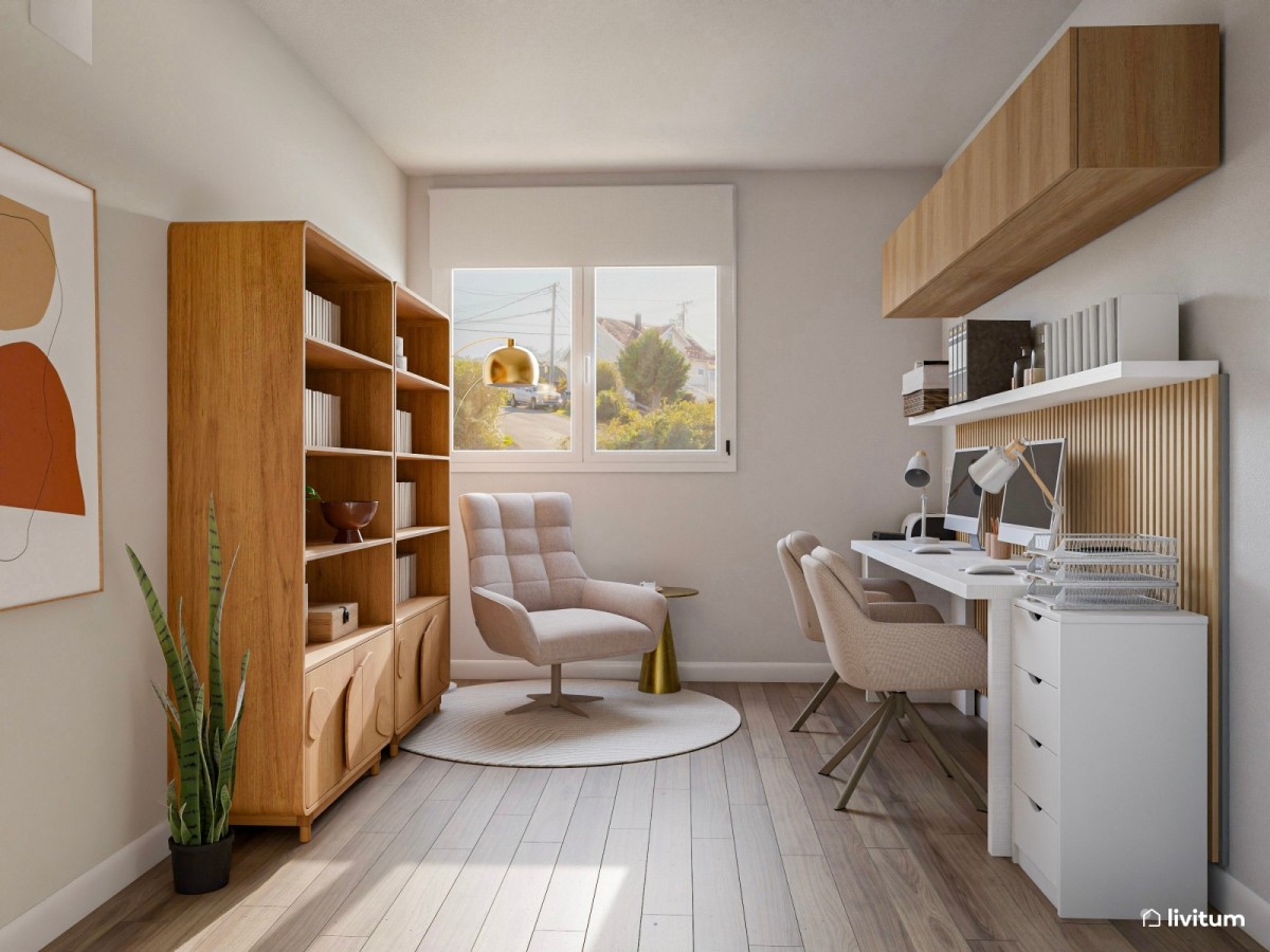 despacho doble en tonos claros y madera, sill&oacute;n de descanso y armario para almacenamiento