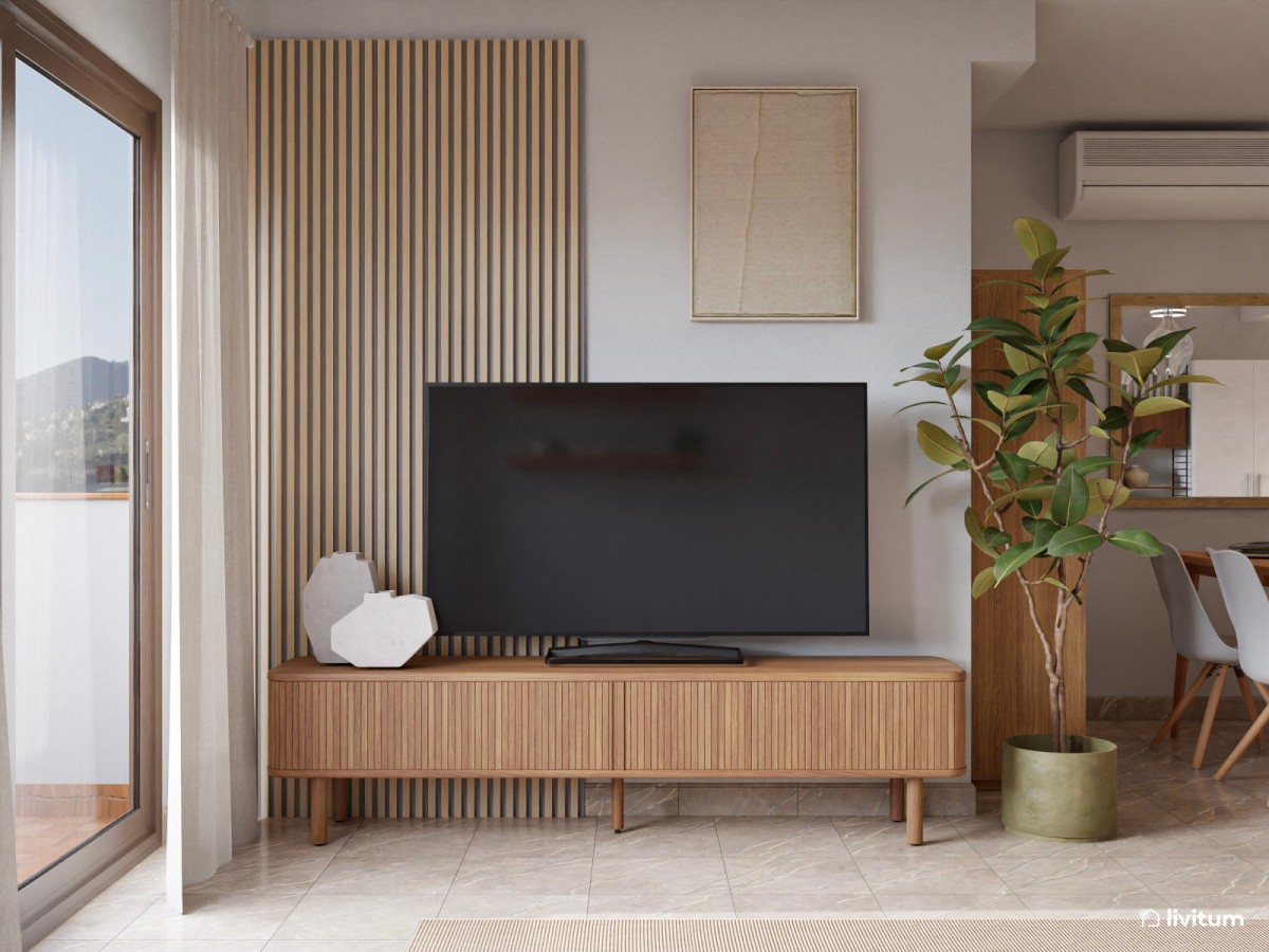 sal&oacute;n en tonos madera oscura con tv apoyada en mueble