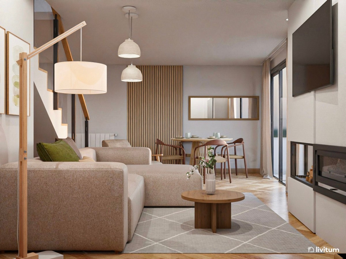 sal&oacute;n comedor peque&ntilde;o , sof&aacute; en L y mesa de comedor y de centro circulares de madera