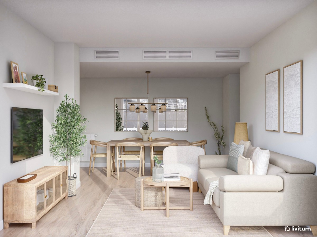 sal&oacute;n comedor en tonos claros, sof&aacute; y sill&oacute;n, mesa de comedor rectangular y mesa de centro de madera