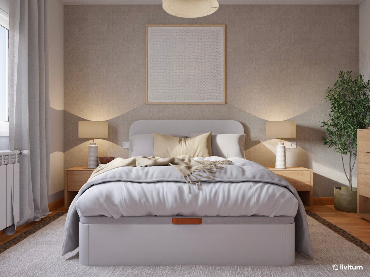 dormitorio con papel pintado con textura, cama de matrimonio y mesas de noche de madera