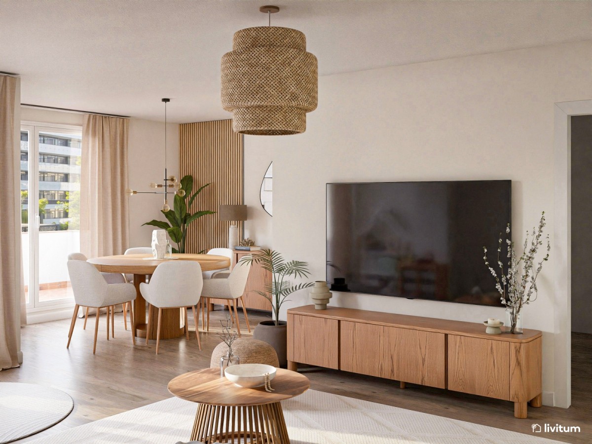 sal&oacute;n comedor en tonos madera y mesa de comedor circular