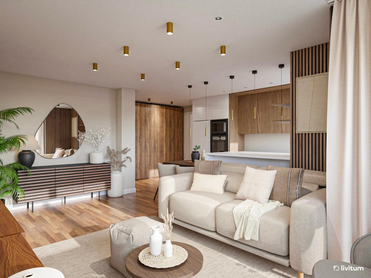 sal&oacute;n con cocina integrada de madera oscura