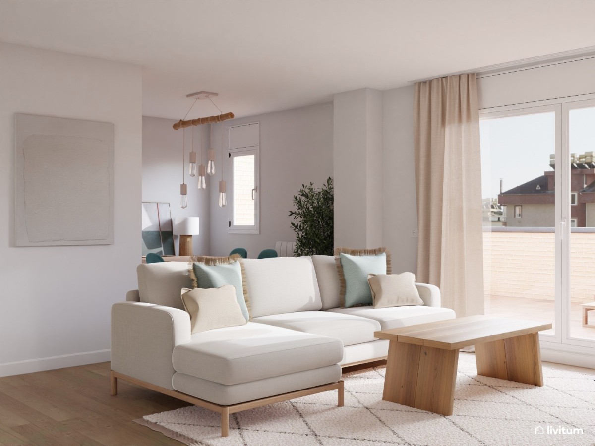sal&oacute;n comedor en tonos claros y detalles en azul, sof&aacute; en L y mesa de centro de madera