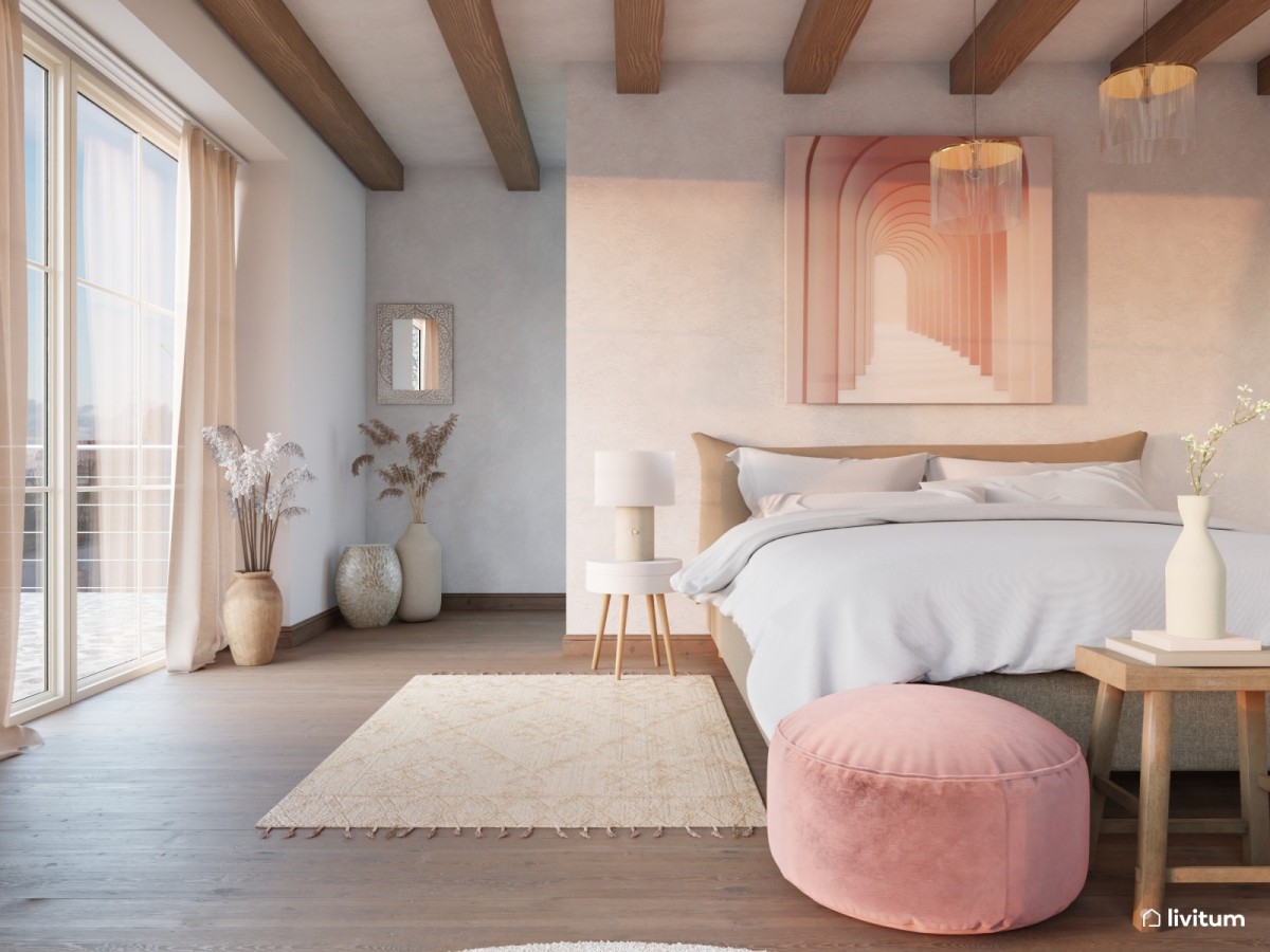 dormitorio en tonos neutros y detalles rosas, cama de matrimonio y mesas de noche