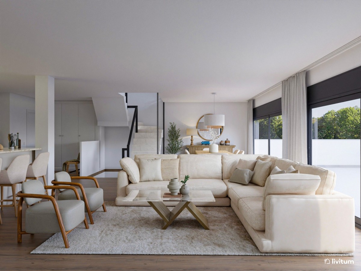 sal&oacute;n grande con cocina integrada, sof&aacute; en L y sillones y mesa de centro de cristal