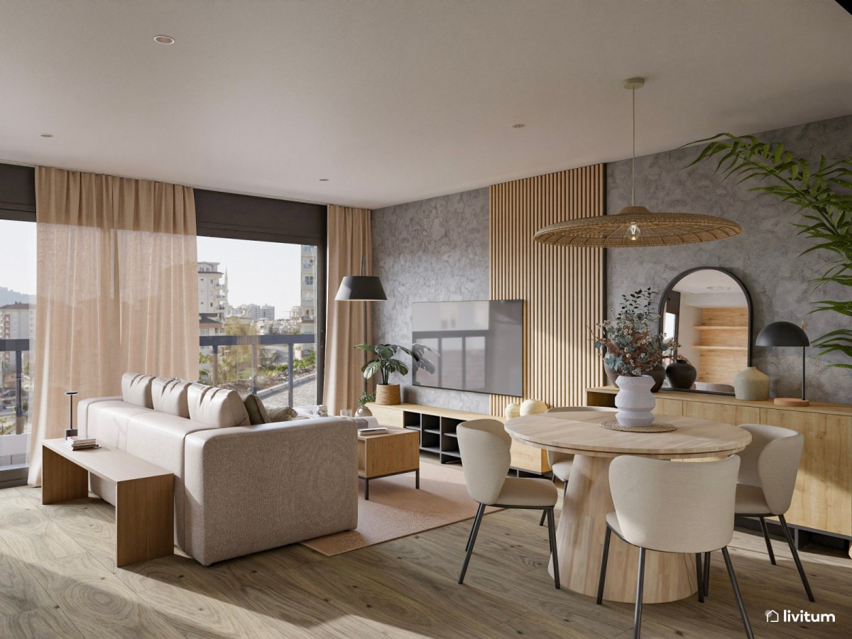 sal&oacute;n comedor con listones de madera, sof&aacute; y mesa de comedor circular