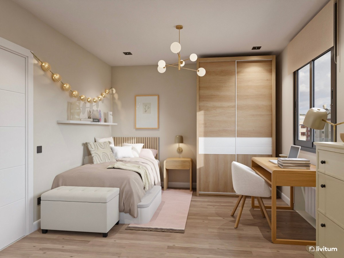 dormitorio en tonos madera, cama individual con cabecero de listones de madera y escritorio