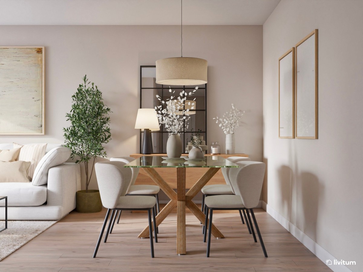 comedor con mesa de cristal y sillas con patas de metal