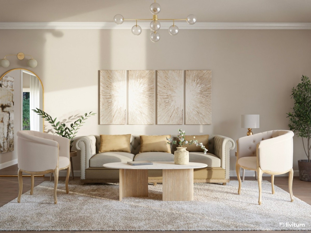 sal&oacute;n en tonos claros, sof&aacute; y sillones elegantes