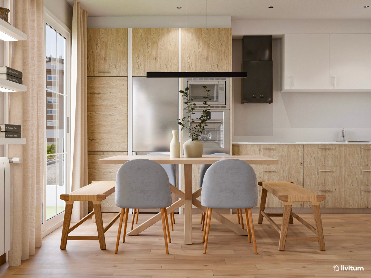 comedor con cocina en tonos madera