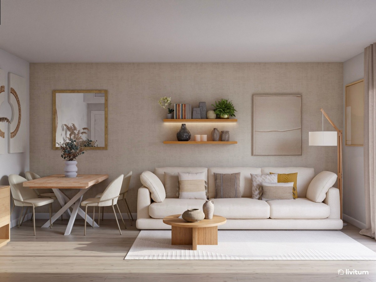 sal&oacute;n comedor en tonos neutros, sof&aacute; y mesa de centro