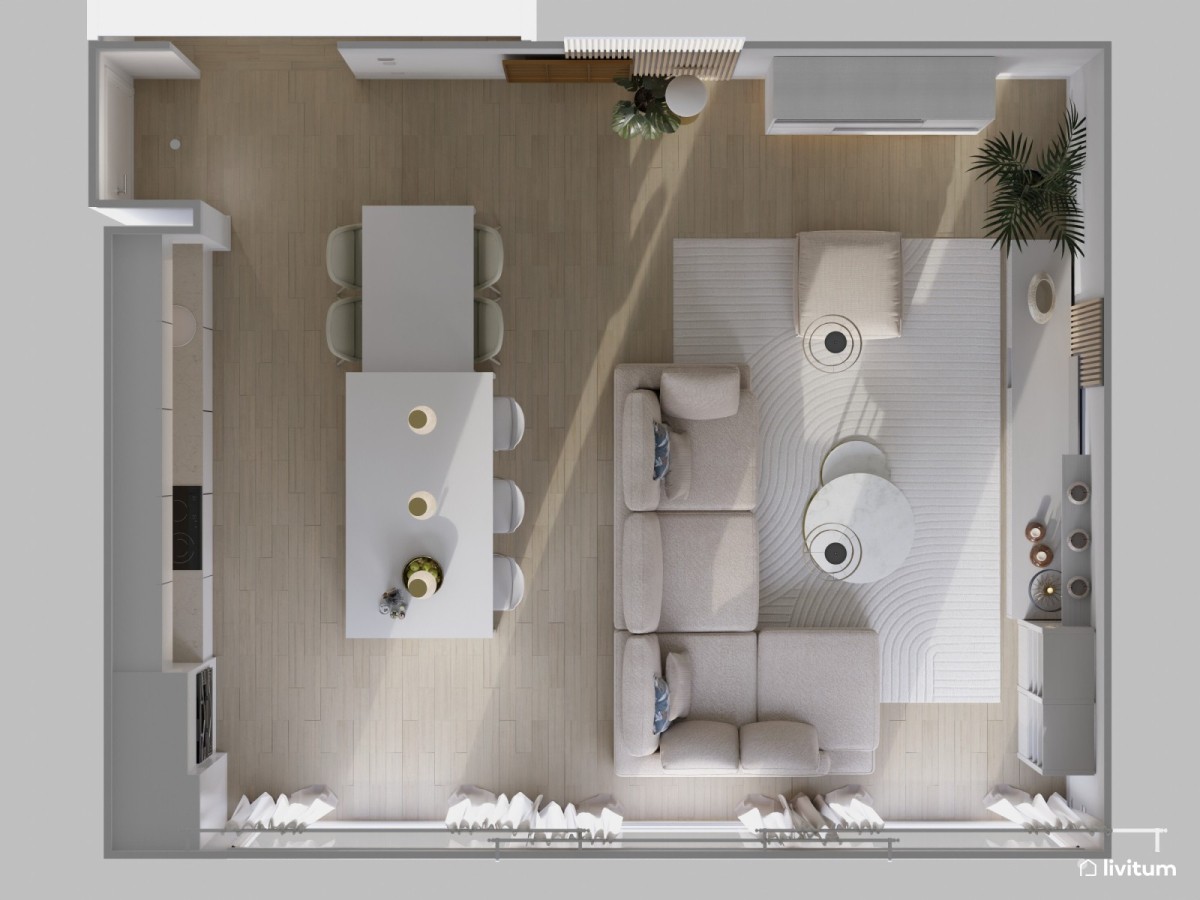 plano de sal&oacute;n con cocina integrada, sof&aacute; en L y mesa de centro