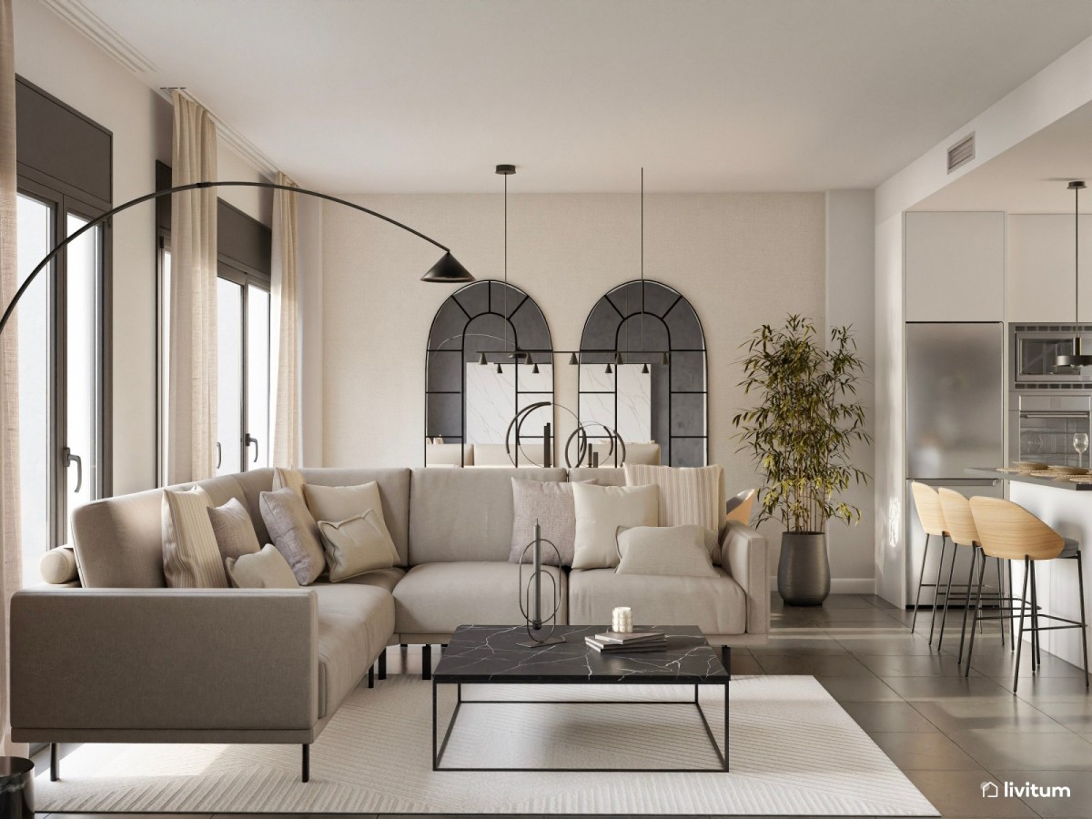 sal&oacute;n con cocina integrada en tonos claros y detalles oscuros