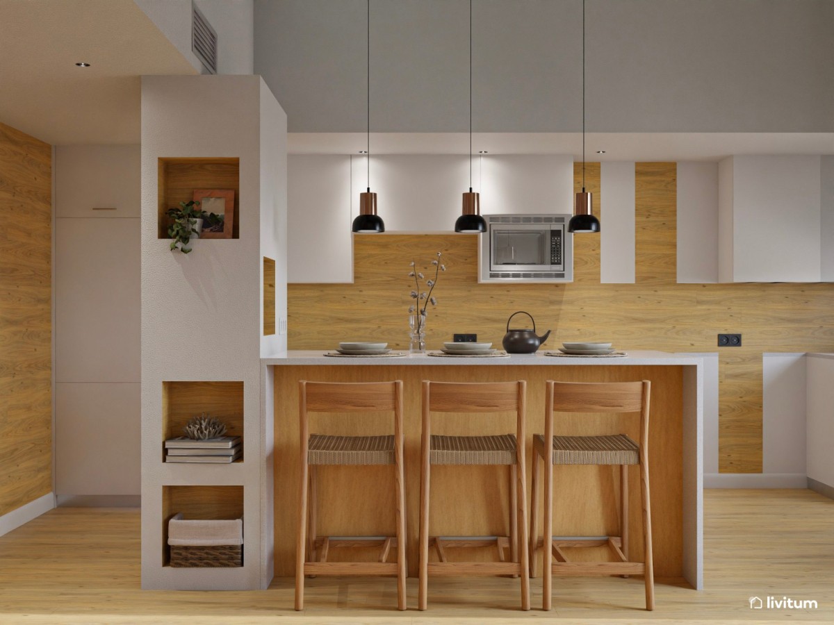 sal&oacute;n comedor con cocina abierta, sof&aacute; en L y mesa de centro de madera