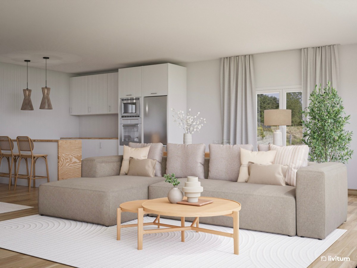 sal&oacute;n comedor con cocina integrada, sof&aacute; en L y mesa de centro de madera