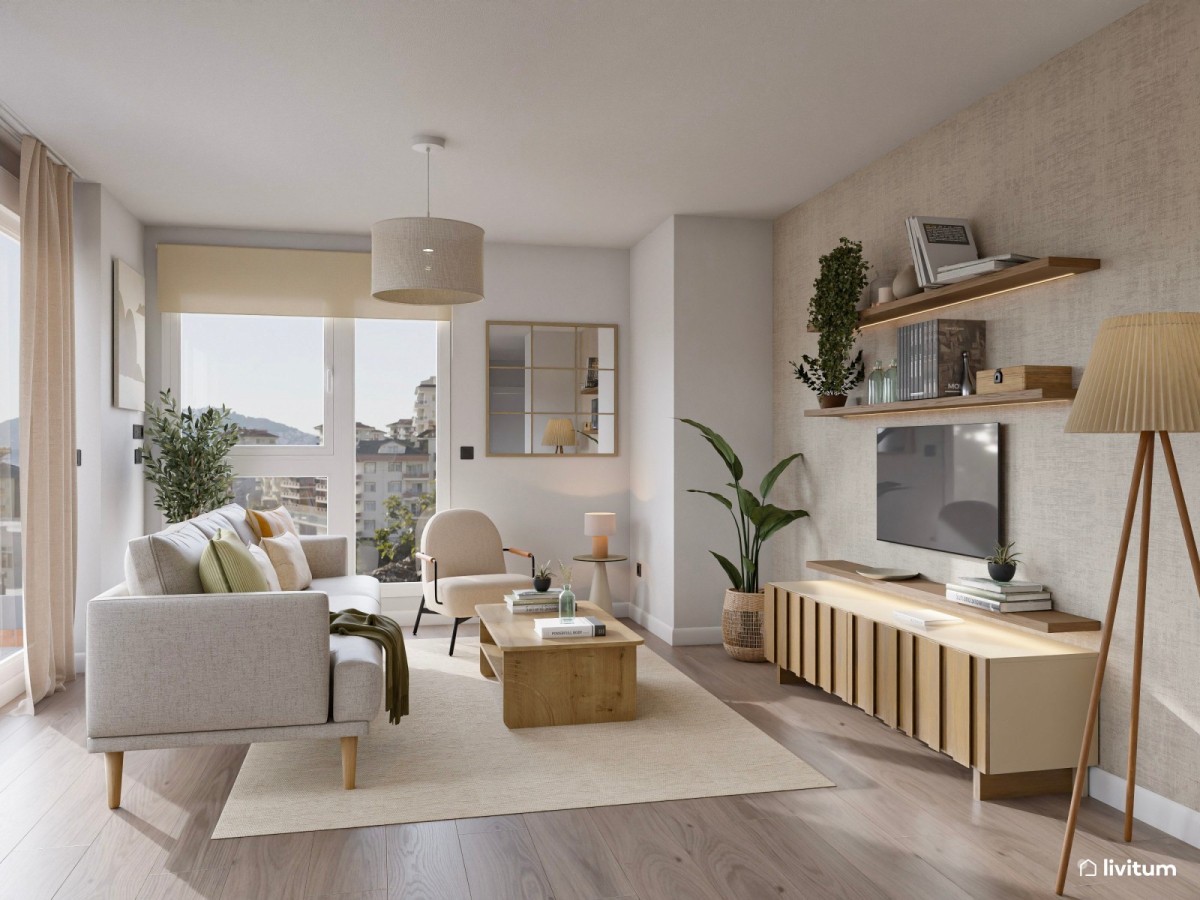 sal&oacute;n con pared pintada, sof&aacute;, sill&oacute;n y mesita de centro de madera
