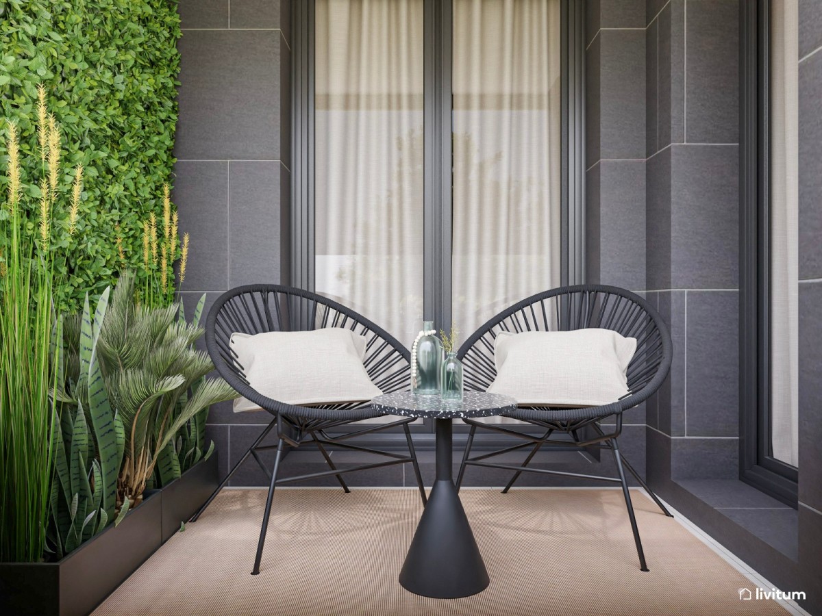 terraza en tonos oscuros y zona de descanso con sillas y mesa de centro