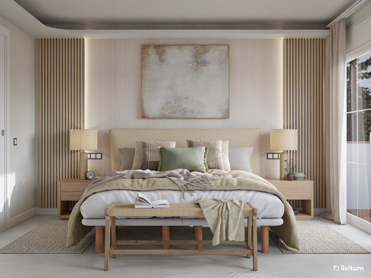 dormitorio con diferentes textiles y texturas y listones de madera en la pared 