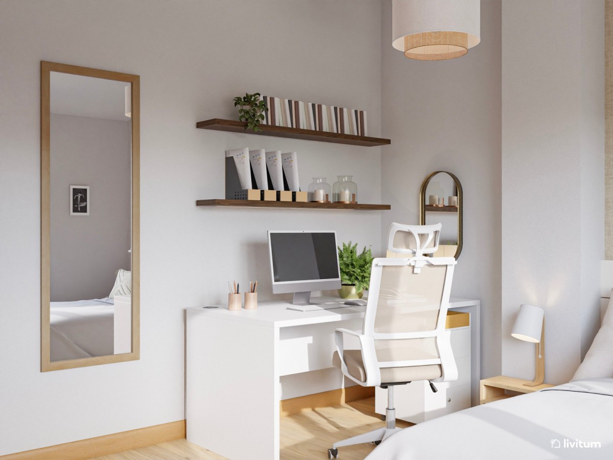 zona de estudio con escritorio, cajonera y silla con ruedas y estanter&iacute;as flotantes