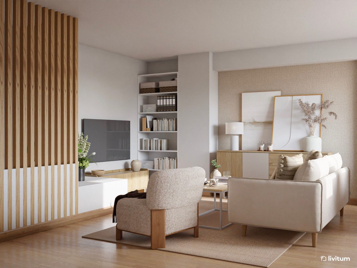 Sal&oacute;n en tonos tierra, sof&aacute; peque&ntilde;o y sill&oacute;n