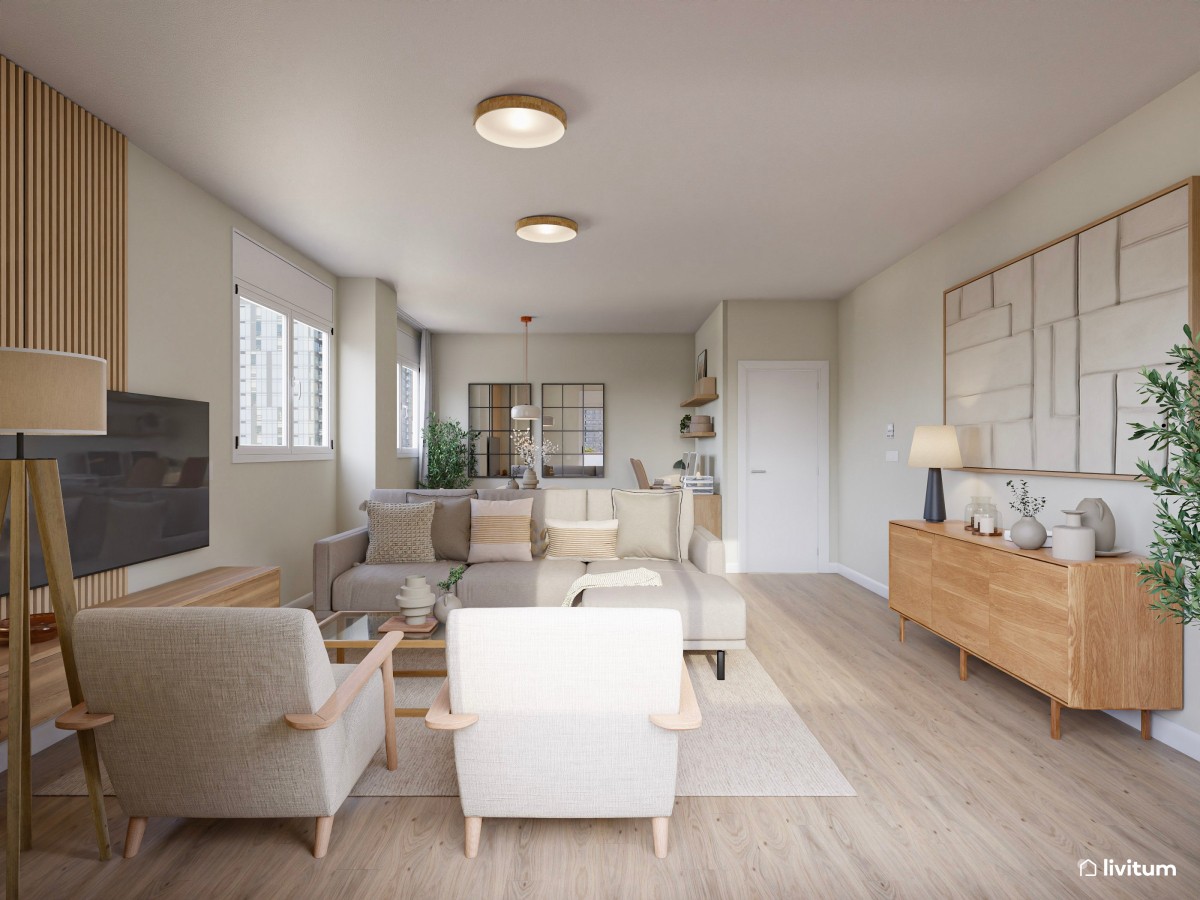 sal&oacute;n en tonos neutros, sof&aacute;, sillones y espejos grandes decorativos