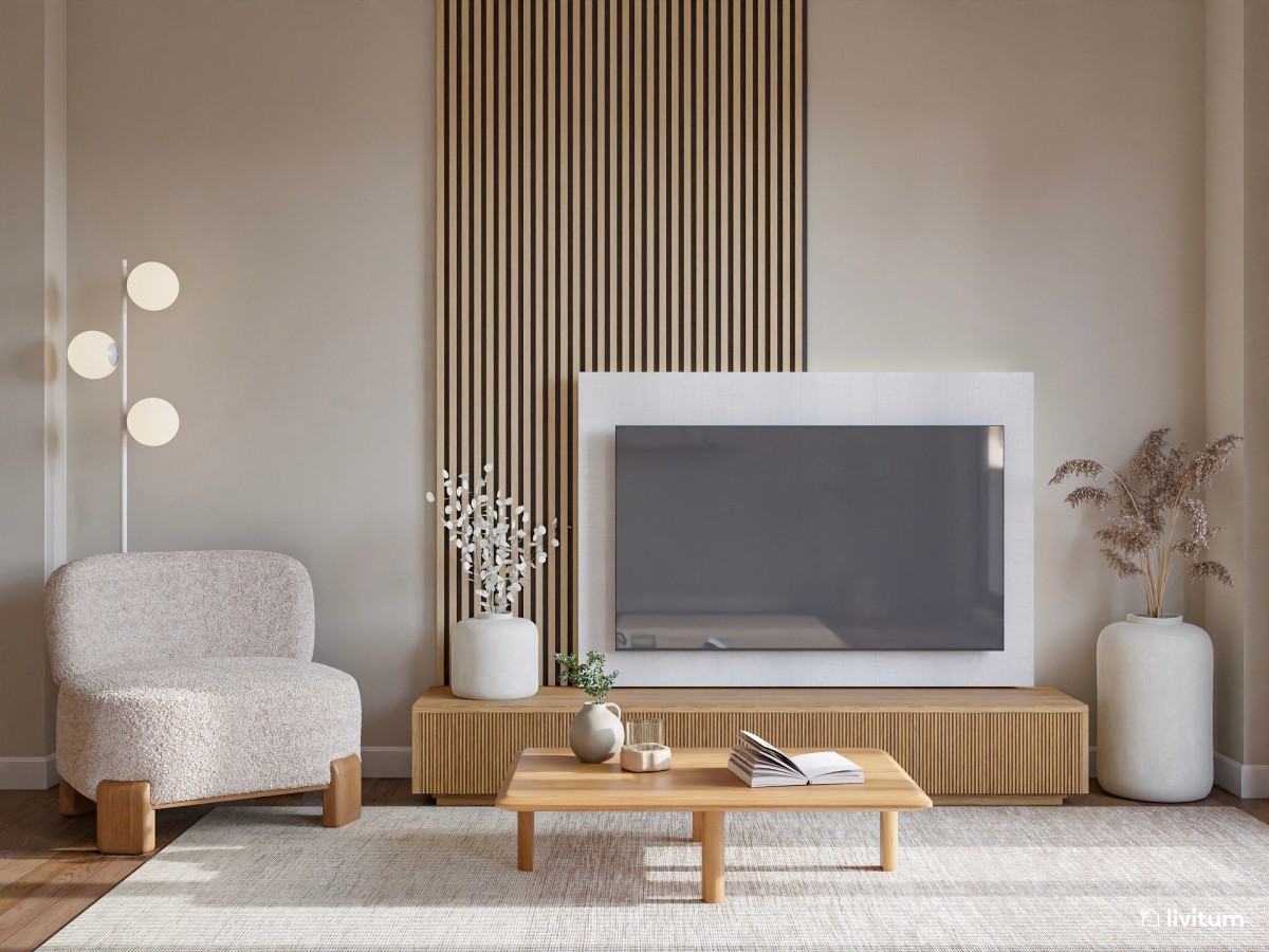 Zona tv minimalista muy luminosa con muebles bajos y detalles vanguardistas 