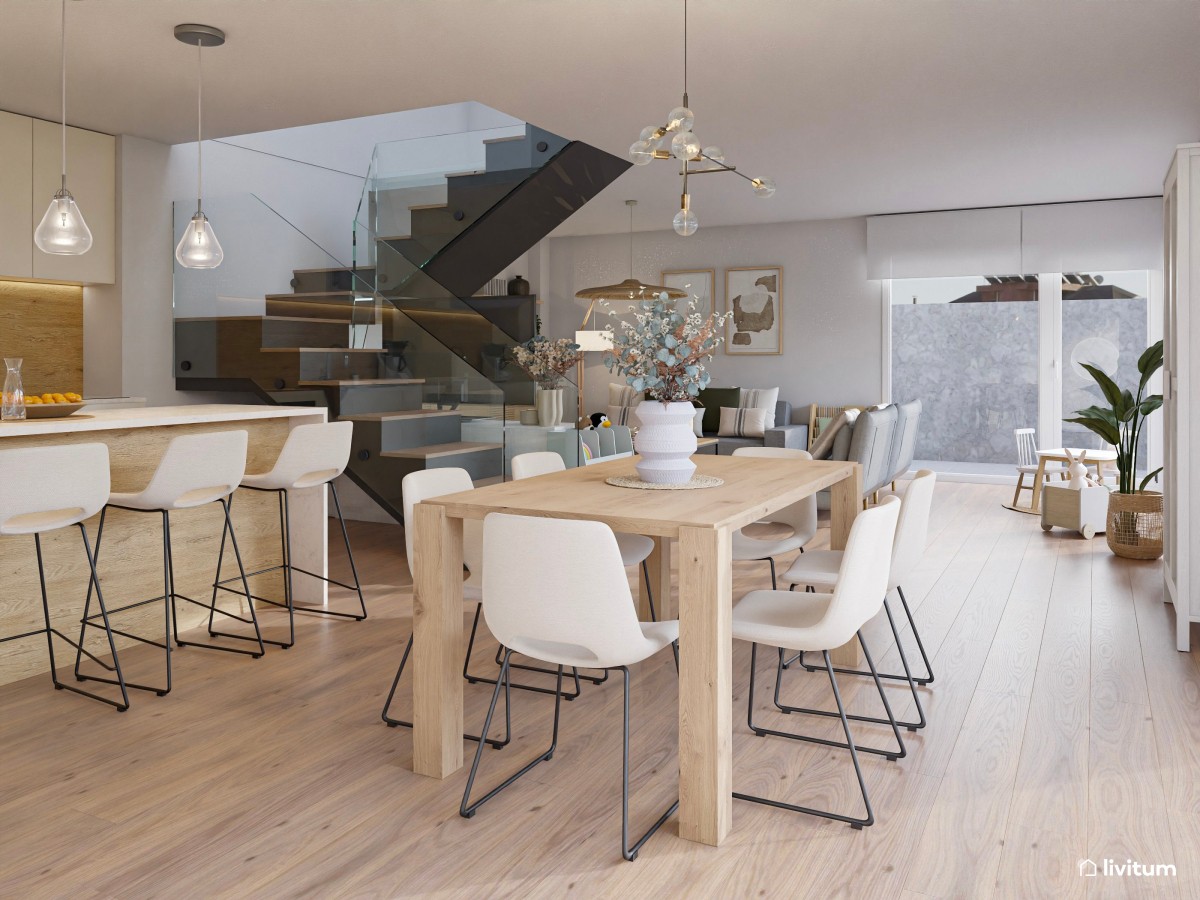 sal&oacute;n comedor con cocina integrada en tonos madera