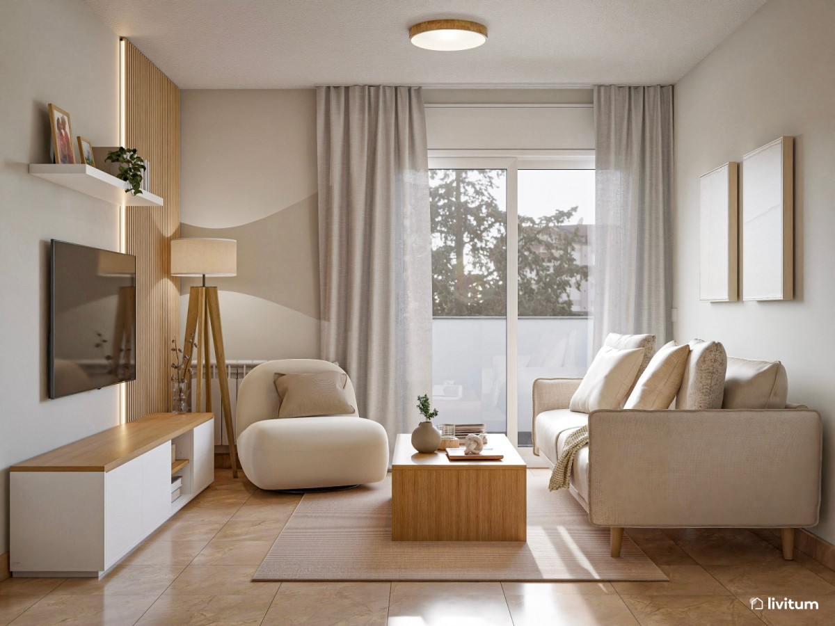 sal&oacute;n peque&ntilde;o, sof&aacute; y sill&oacute;n y mesa de centro de madera