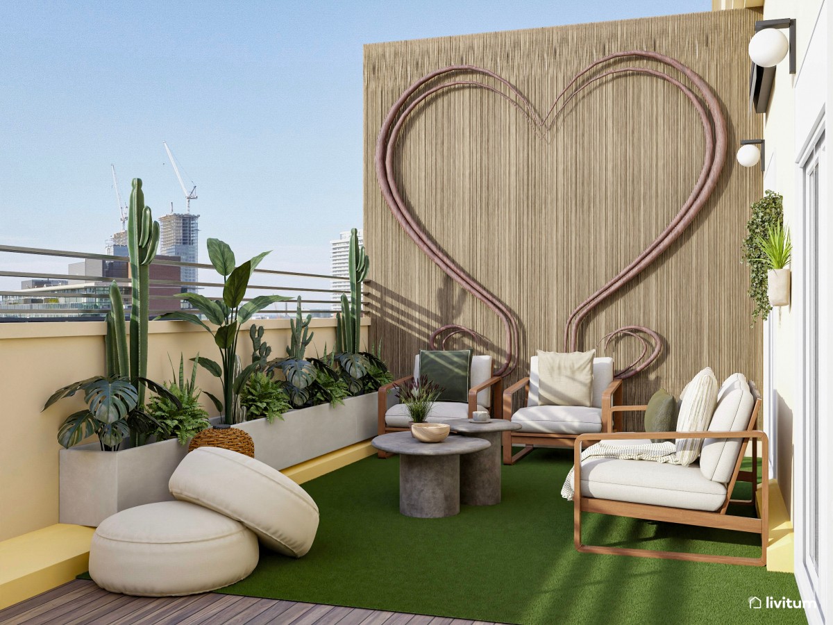 terraza con zona chill out, sofás y mesas de centro