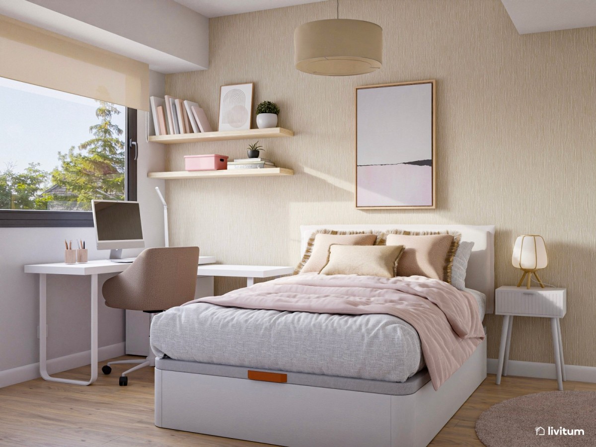 habitaci&oacute;n juvenil peque&ntilde;a en tonos claros y detalles rosa pastel