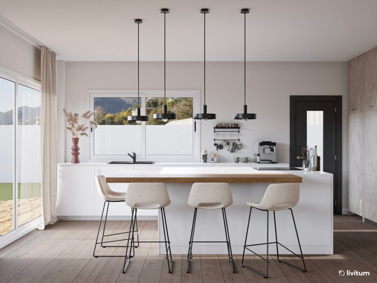 cocina abierta en tonos claros y isla de madera