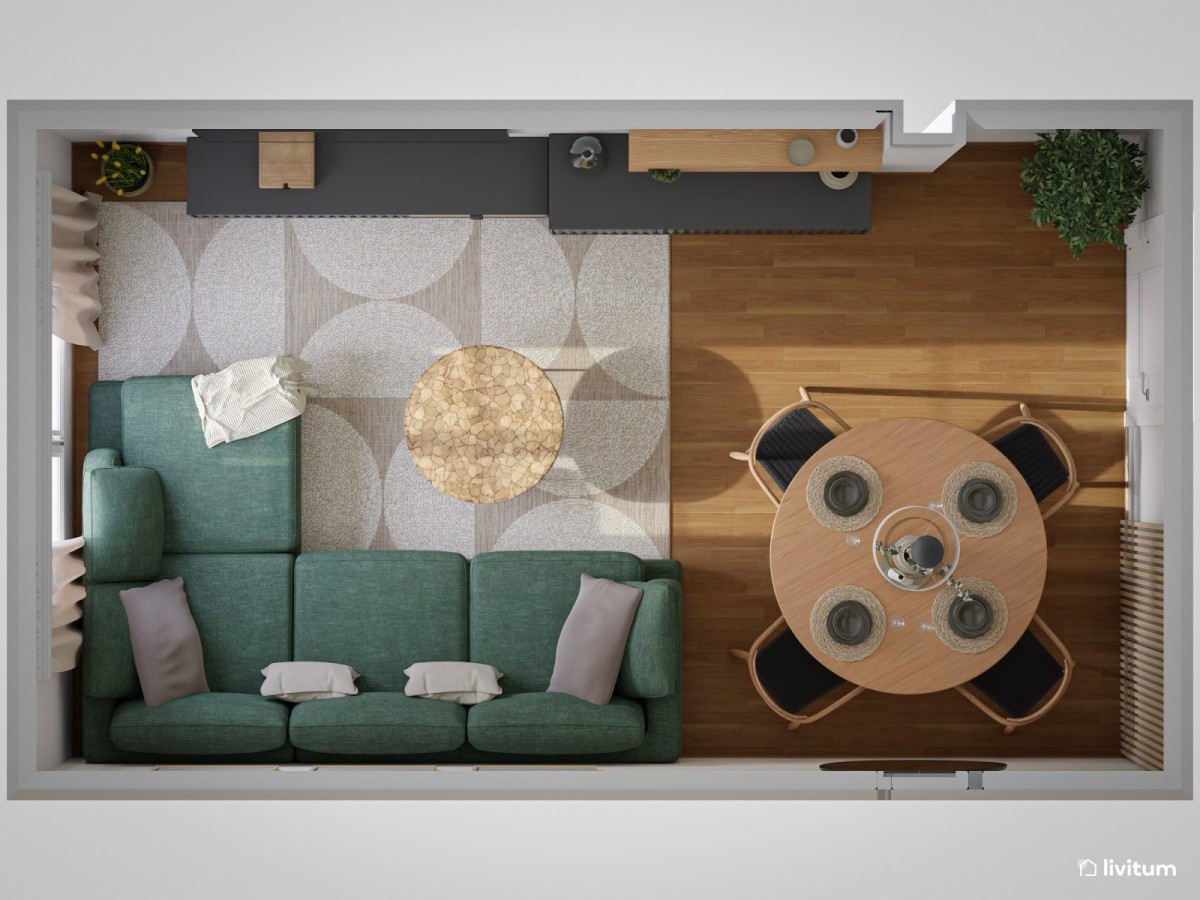 sal&oacute;n comedor peque&ntilde;o con mesa de comedor redonda y sof&aacute; verde 