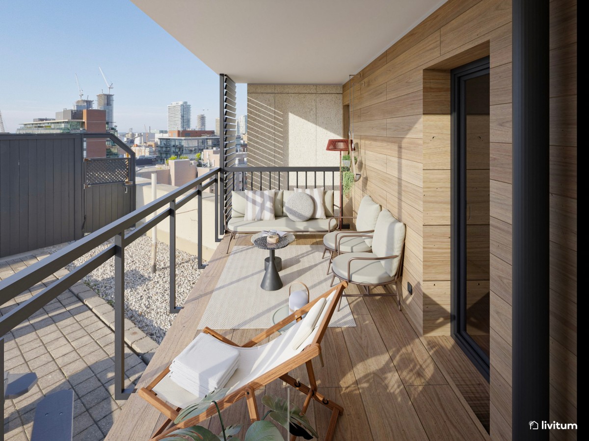 terraza con zona chill out, sofás y sillones y mesas de centro