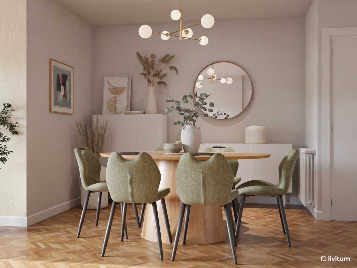 comedor en tonos verde oliva, mesa circular de madera y espejo redondo decorativo