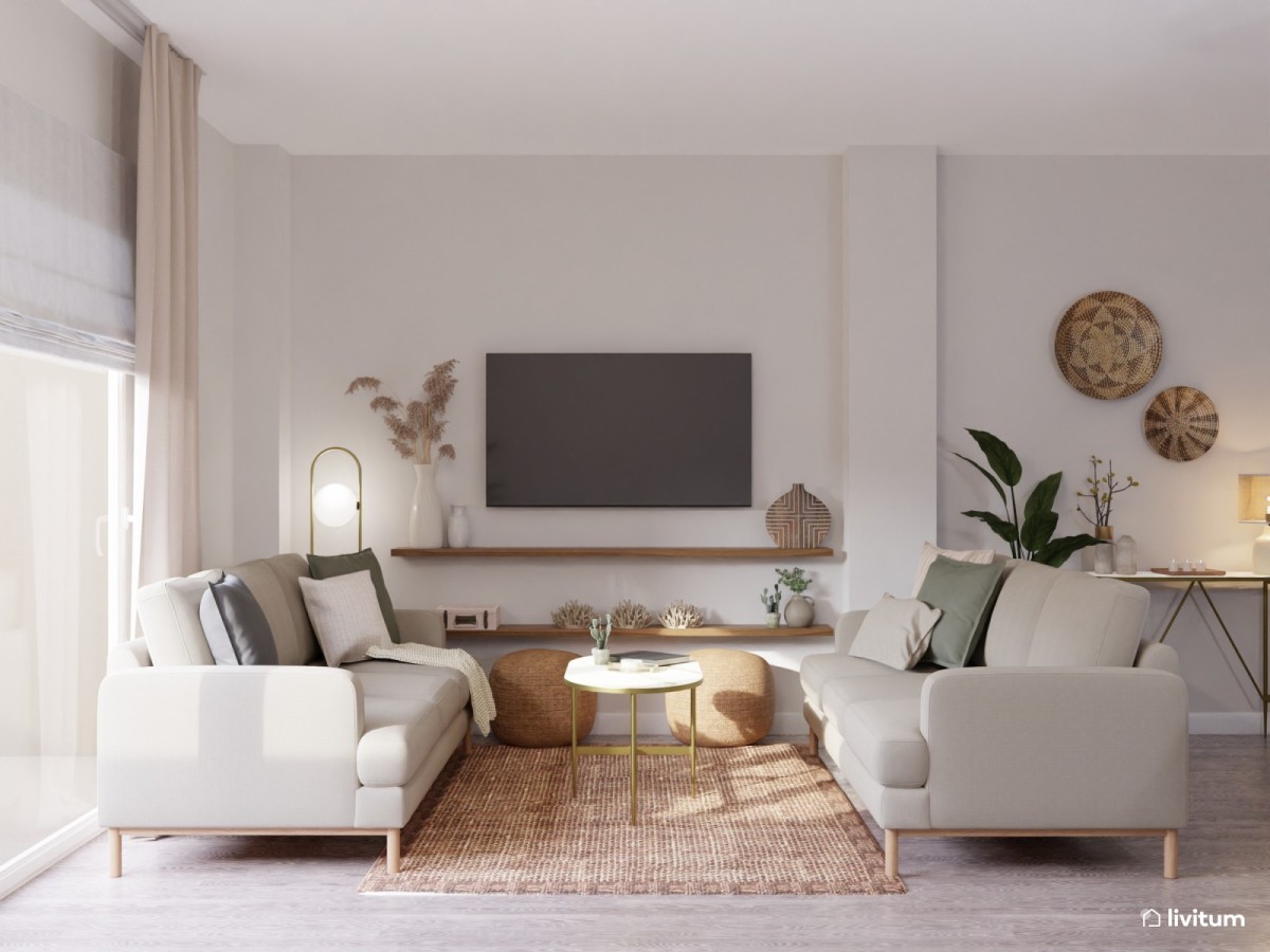 sal&oacute;n con detalles verdes y madera, tv colgada y mesa de centro