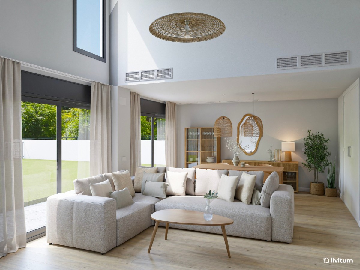 sal&oacute;n comedor en tono claros y madera, sof&aacute; en L y mesas de madera