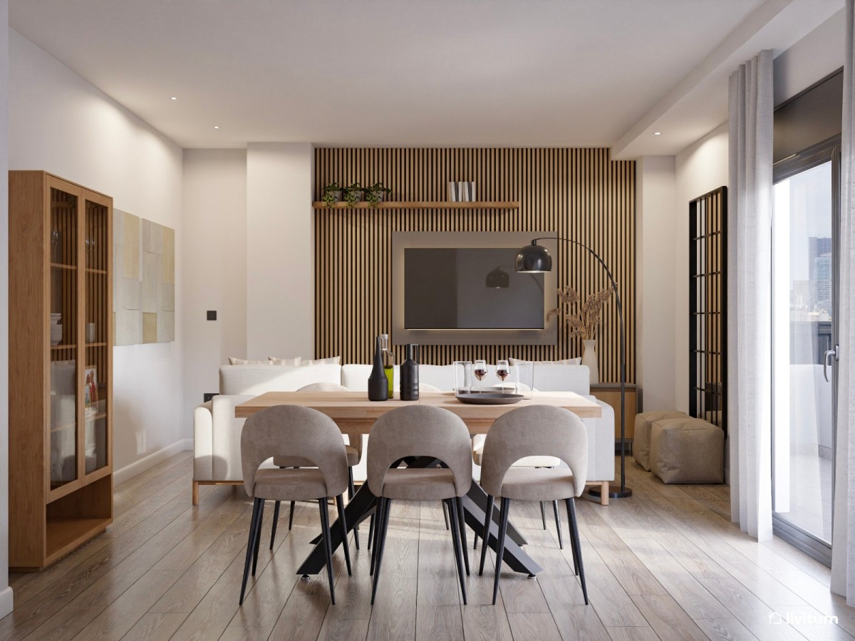 sal&oacute;n en tonos oscuros con pared de listones de madera
